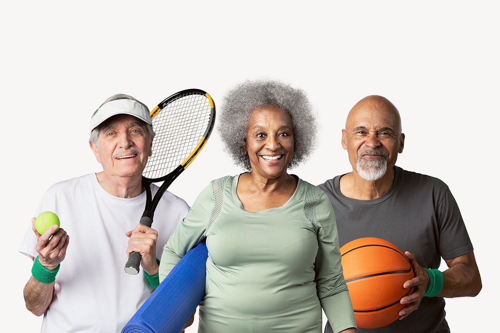 Active lifestyle for seniors, isolated on off white