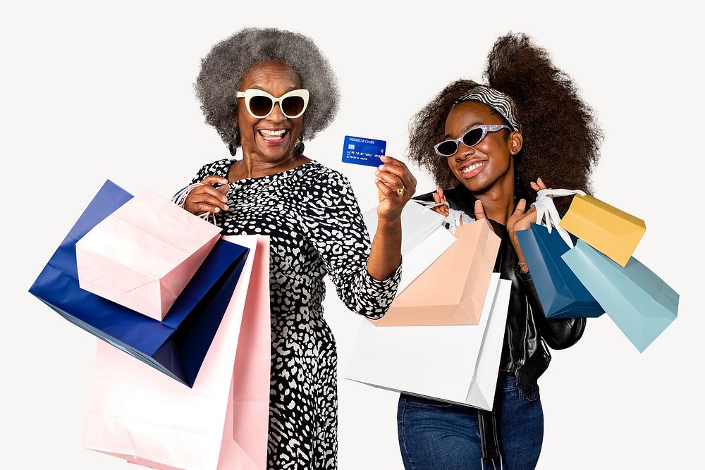 Women with shopping bags, isolated on off white