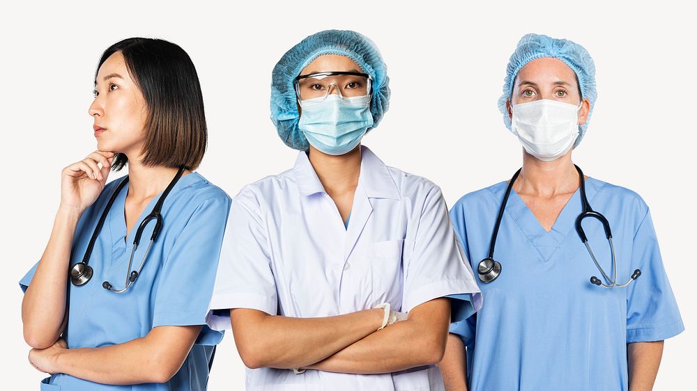 Doctors and nurses, isolated on off white