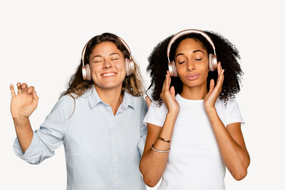 Happy diverse women with headphones, isolated on off white