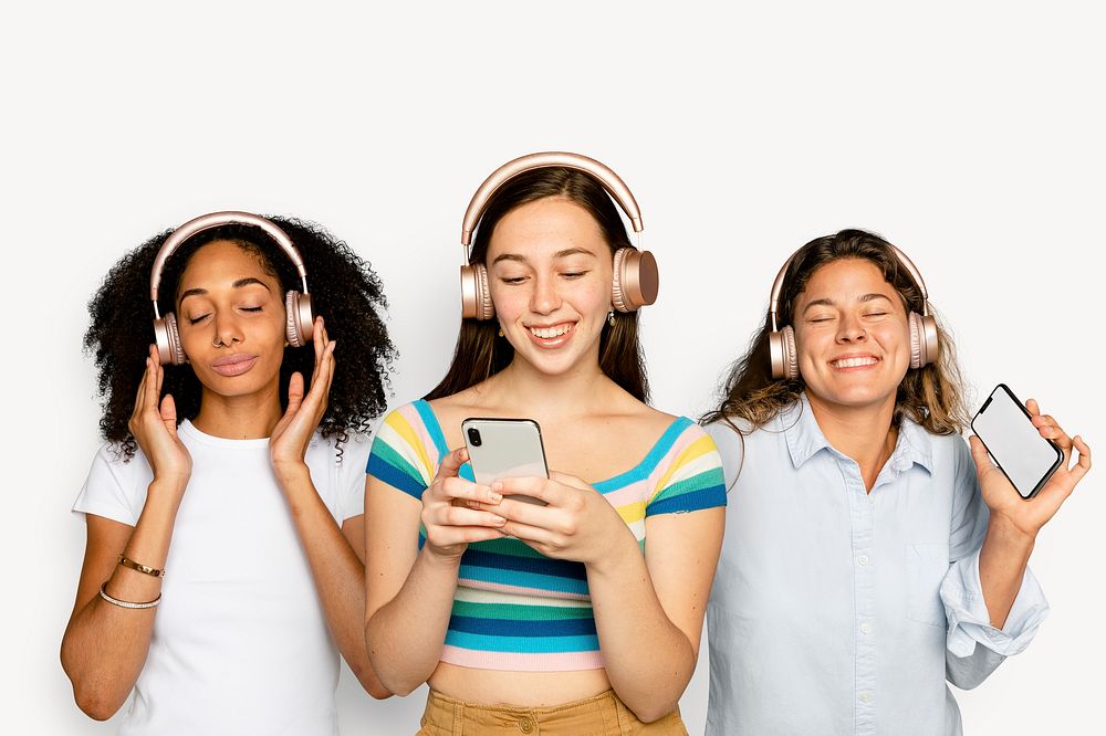 Women streaming music, isolated on off white