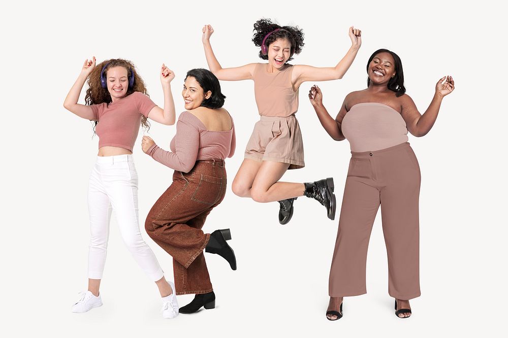 Happy diverse women dancing, isolated on off white
