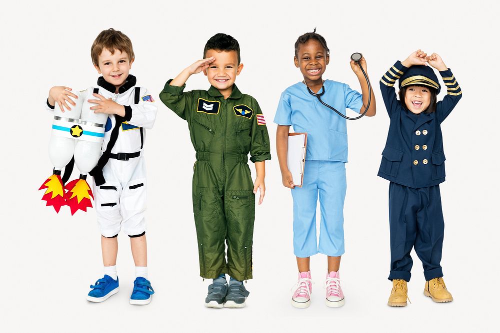 Kids in job costumes, isolated on off white