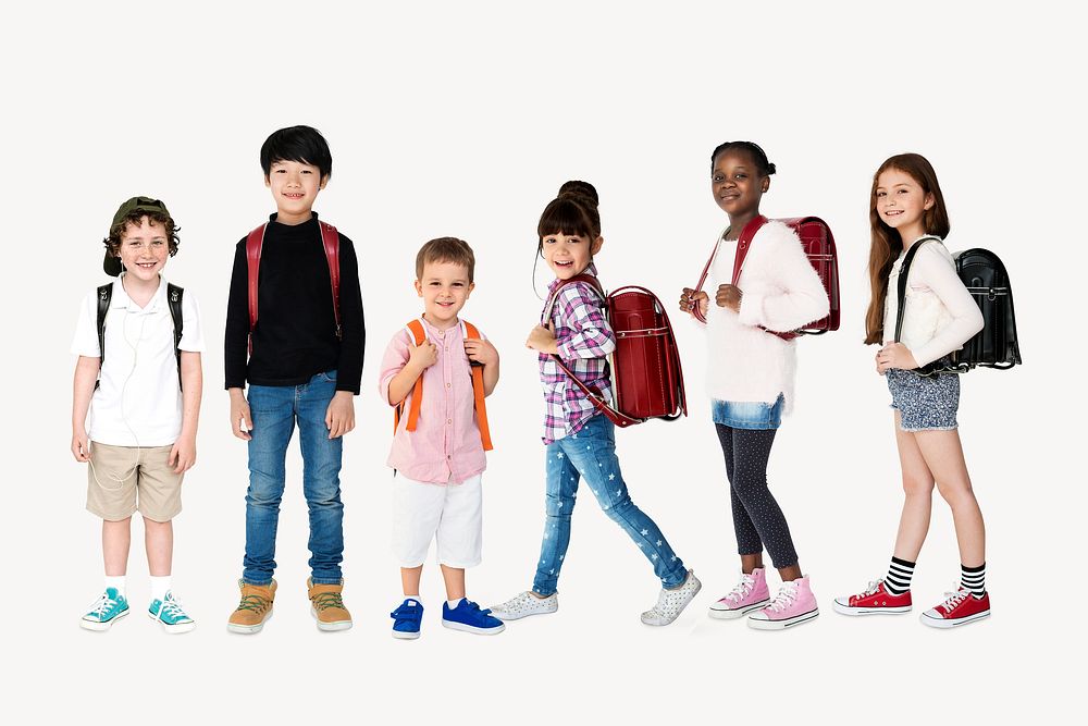 Kids going back to school, isolated on off white