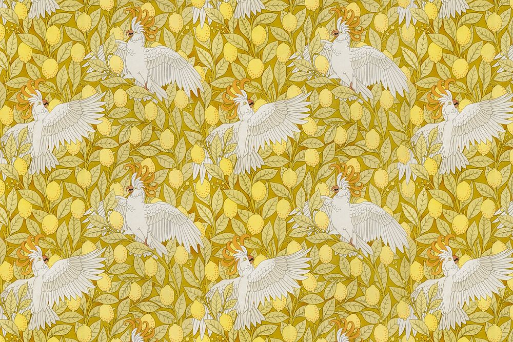 Cockatoos lemon pattern background, famous Maurice Pillard Verneuil artwork remixed by rawpixel