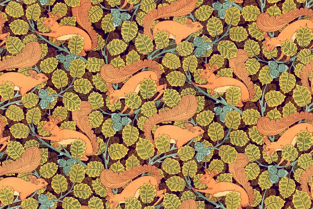 Squirrel, hazelnut pattern background, Maurice Pillard Verneuil artwork remixed by rawpixel