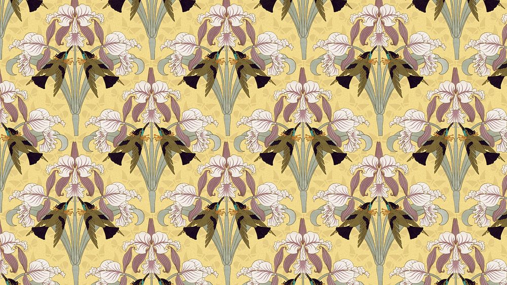 Bird, flower pattern computer wallpaper, vintage nature background, Maurice Pillard Verneuil artwork remixed by rawpixel