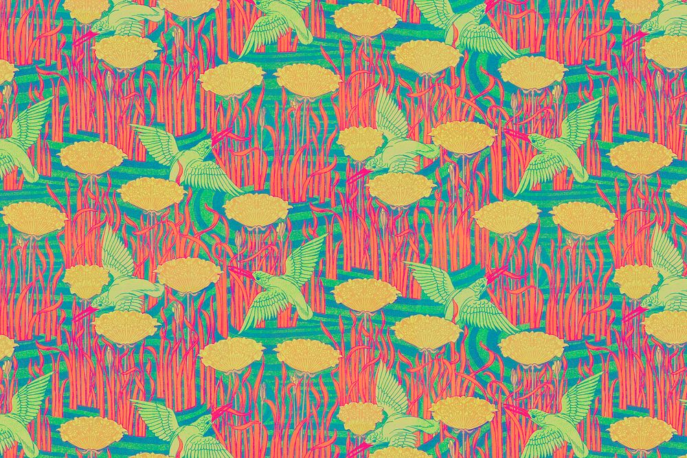 Birds, flower pattern background, colorful nature, Maurice Pillard Verneuil artwork remixed by rawpixel