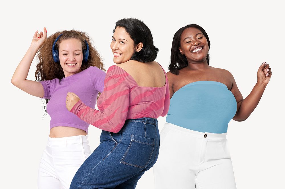 Diverse women dancing to music, isolated on off white