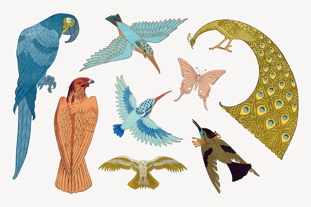 Vintage birds sticker, animal illustration set vector