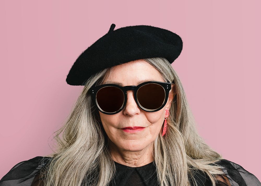 Fashionable senior woman, wearing sunglasses face portrait