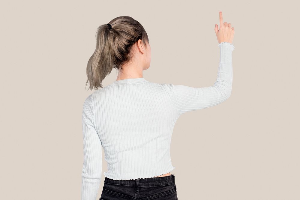 Woman gesture pressing on an invisible screen