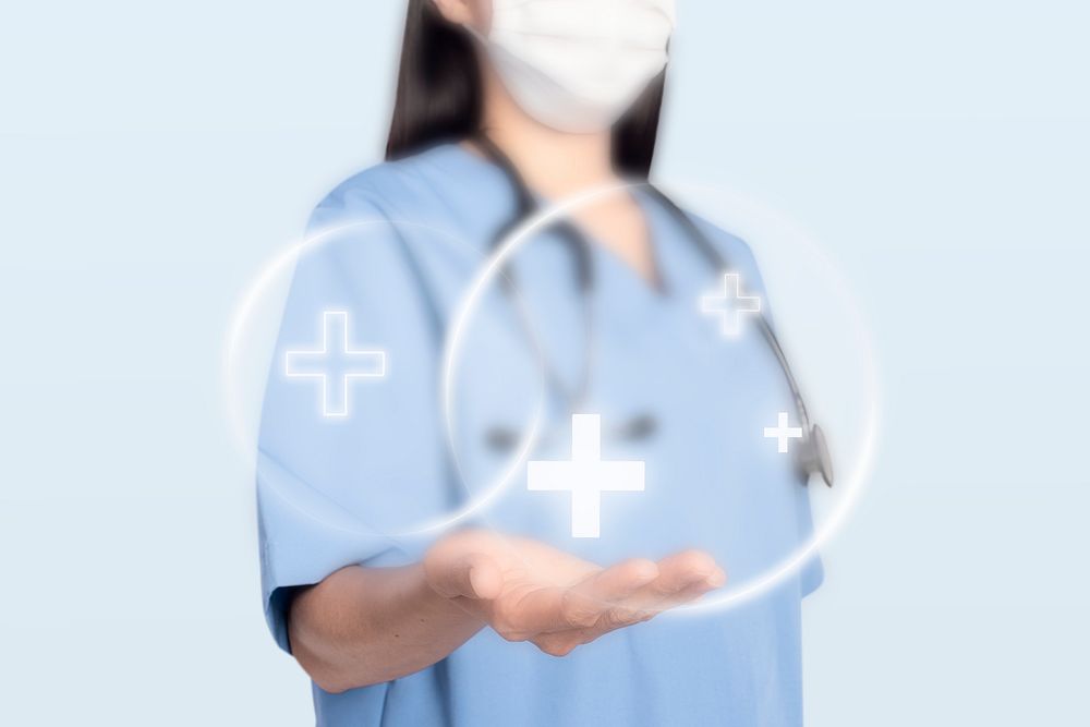 Female doctor mockup psd showing a support hand gesture