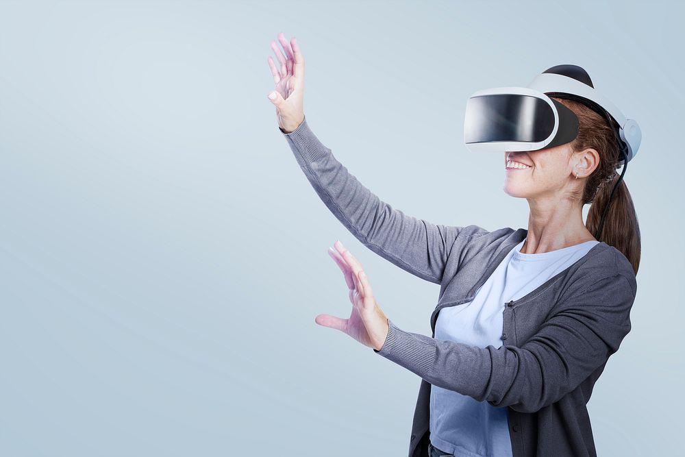 Woman mockup psd experiencing VR entertainment technology