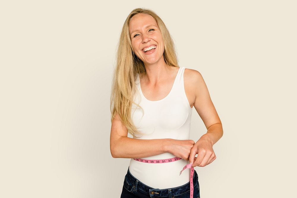 Woman measuring waist mockup psd for health and wellness campaign