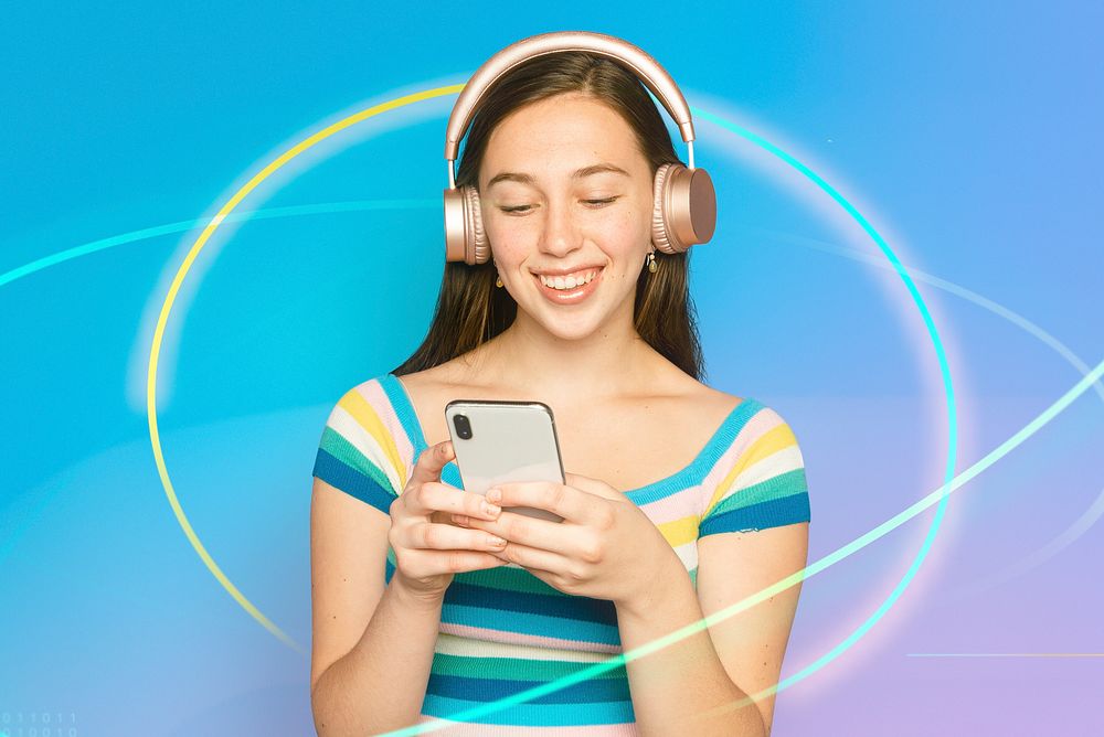 Smiling woman streaming music with smartphone digital remix