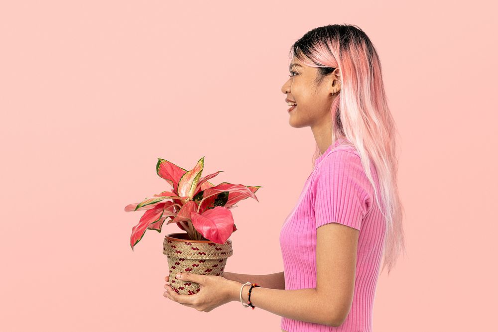 Asian woman plant lover holding potted houseplant