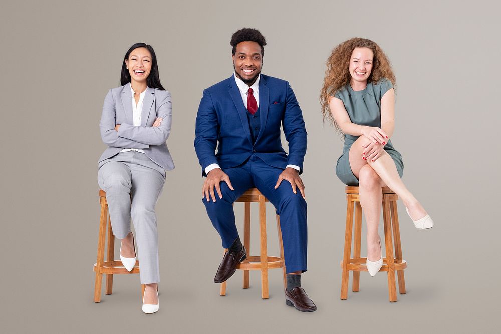 Successful business people sitting on a wooden stool jobs and career campaign