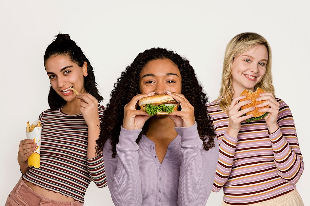 Friends eating junk food for lunch