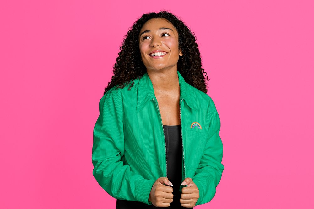 Proud LGBT woman in green jacket