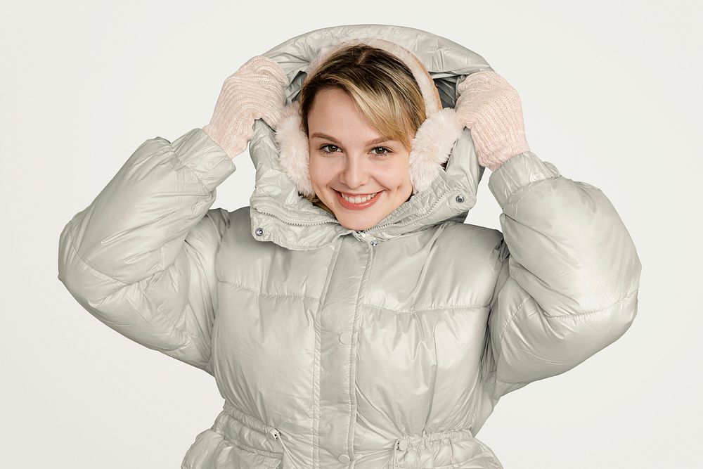 Winter down jacket mockup, women's apparel psd