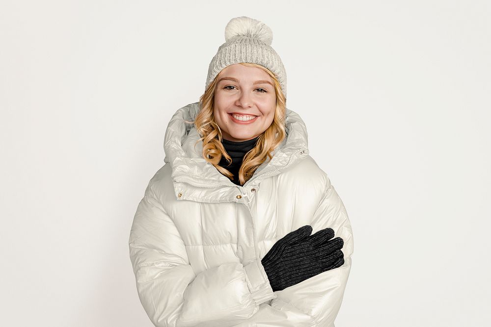 Winter jacket & beanie mockup, women's apparel psd