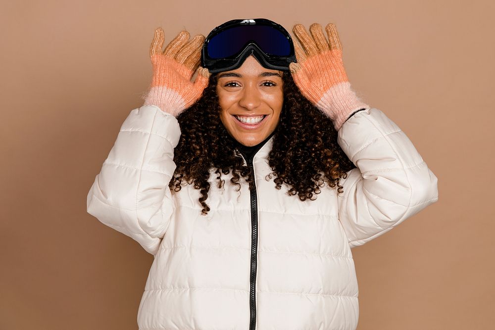 African American woman in ski winter outfit