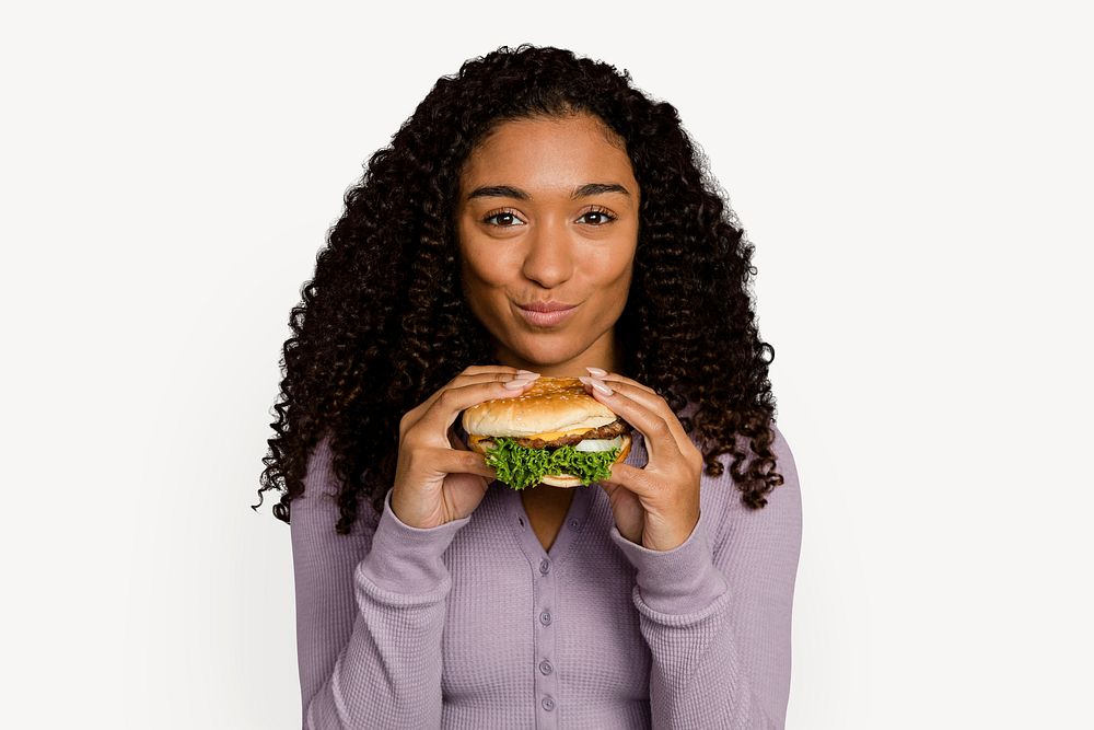 Hamburger lunch, woman eating junk food psd