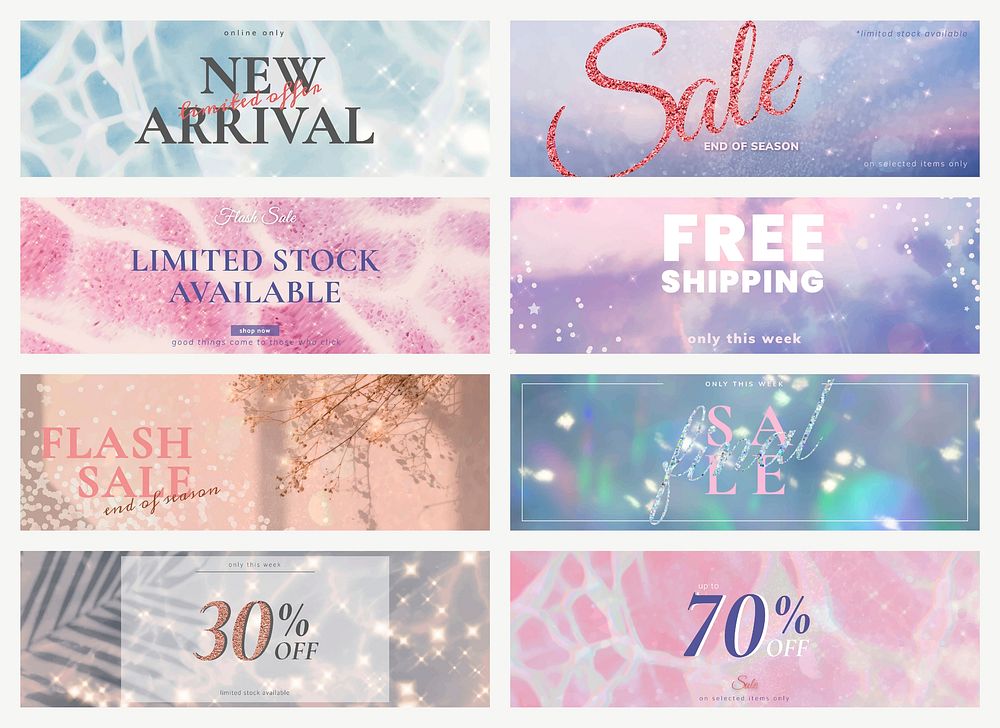 Shop sale banner template vector glitter set for social media ad