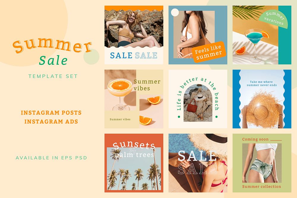 Summer sale ad vector set for social media compatible with AI