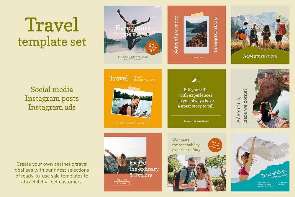 Travel agency template vector for social media ad set