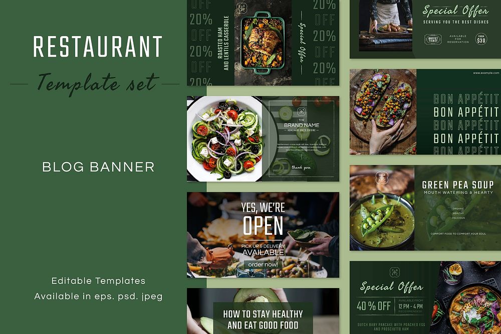 Restaurant business editable template vector set for blog banner