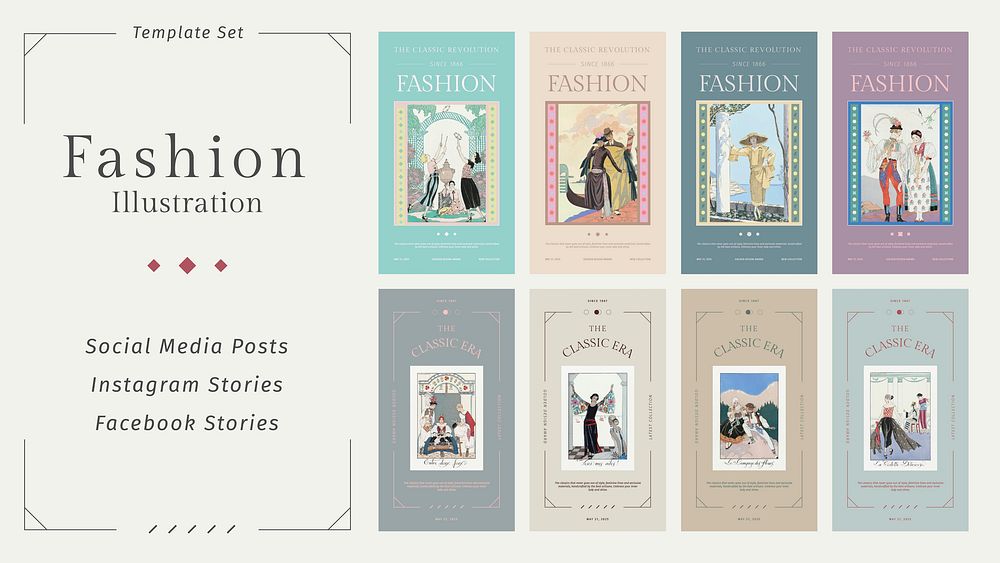 Vintage fashion templates vector for social media stories, remix from artworks by George Barbier