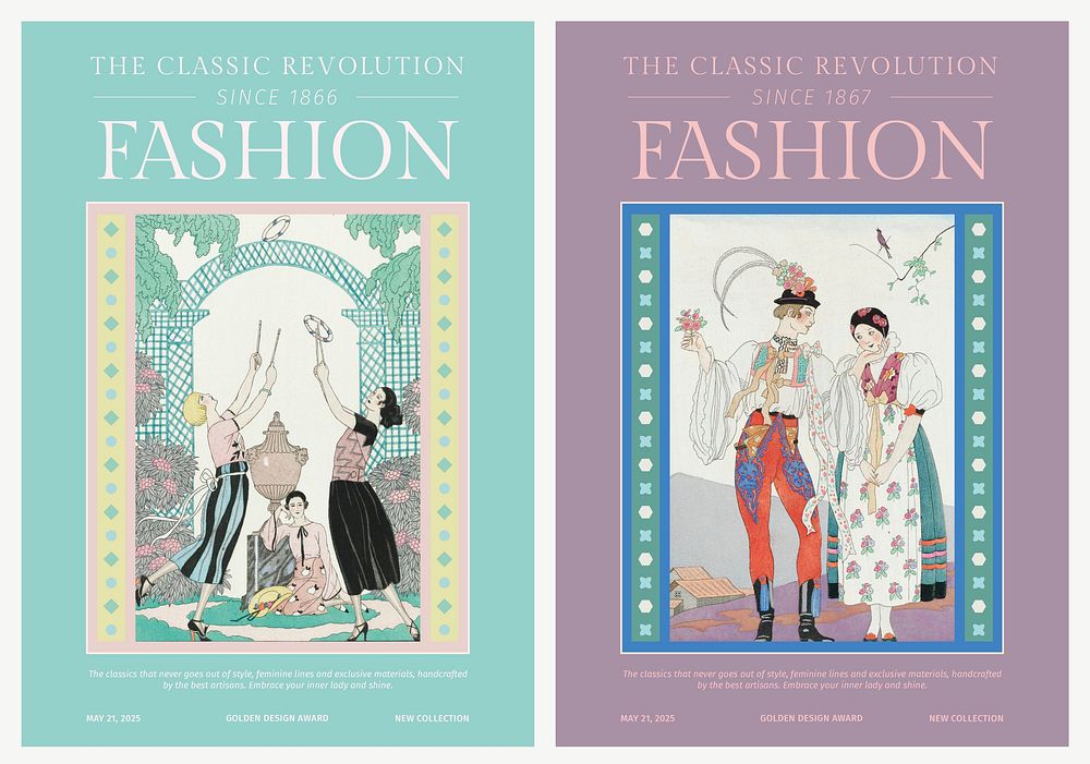 Vintage fashion poster templates psd in stylish magazine style, remix from artworks by George Barbier