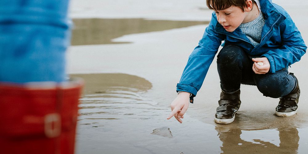 Little boy pointing at jellyfish at the beach with not all classrooms have four walls text