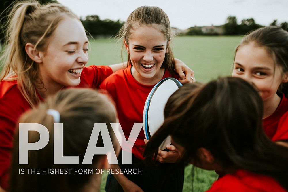 Cheerful girl&rsquo;s rugby team talking after the game with play is the highest form of research text