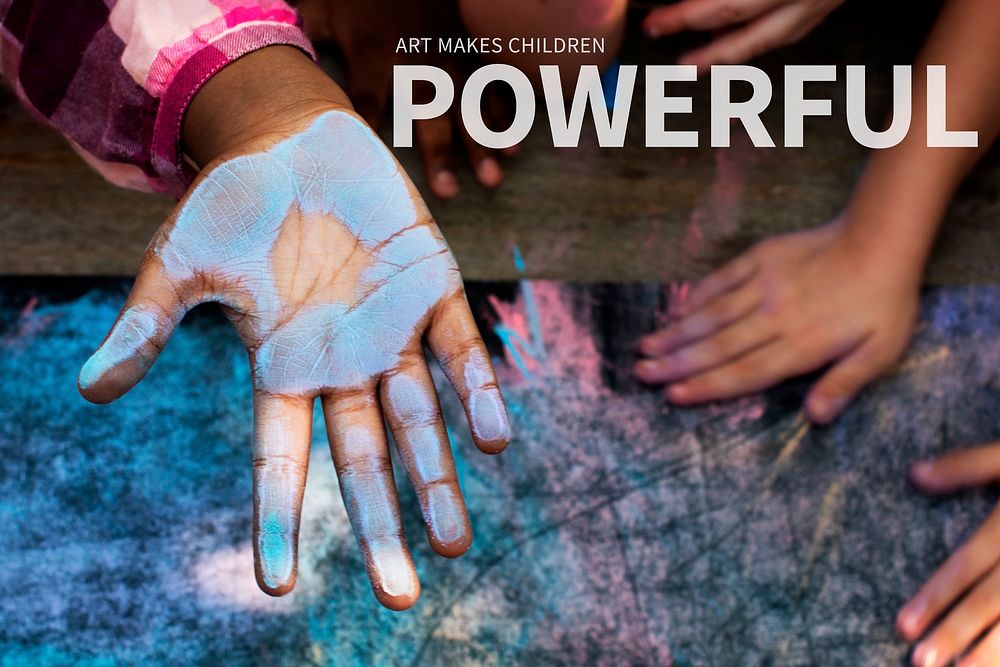 Blue chalk paint on kid hand banner with art makes children powerful text