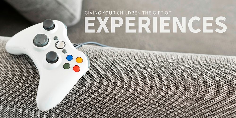 Inspirational banner template vector with game console on the couch