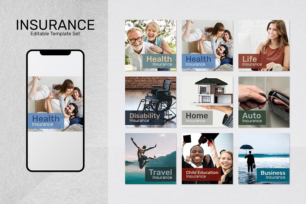 Insurance template vector with editable text with phone screen set