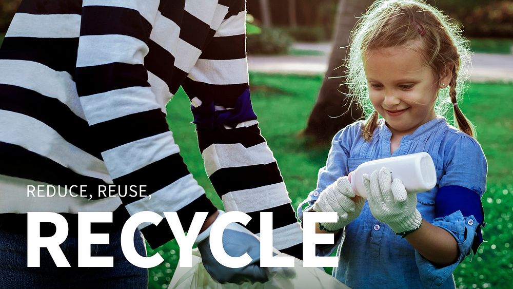 Girl sorting garbage with reduce, reuse and recycle text for environment banner