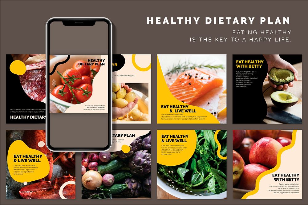 Healthy eating lifestyle template vector marketing food social media post set