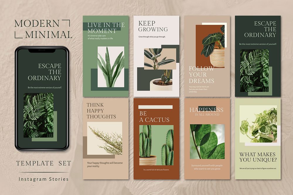 Botanical plant inspirational template vector social media story in minimal style set