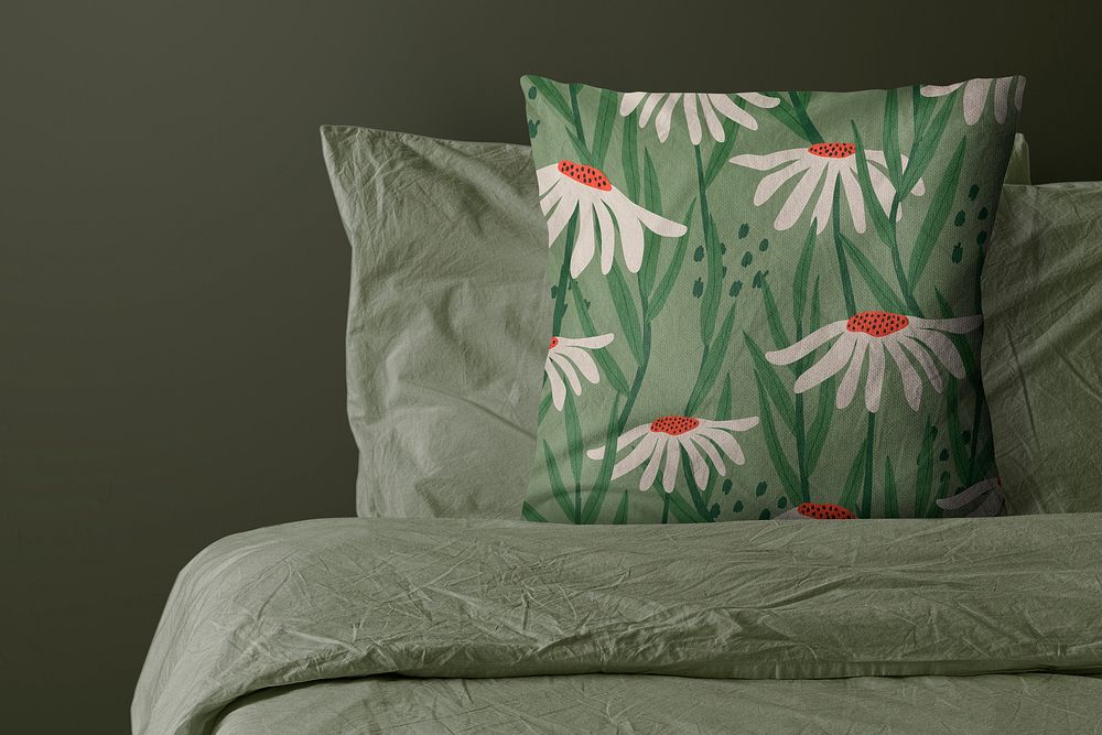 Retro floral cushion on bed