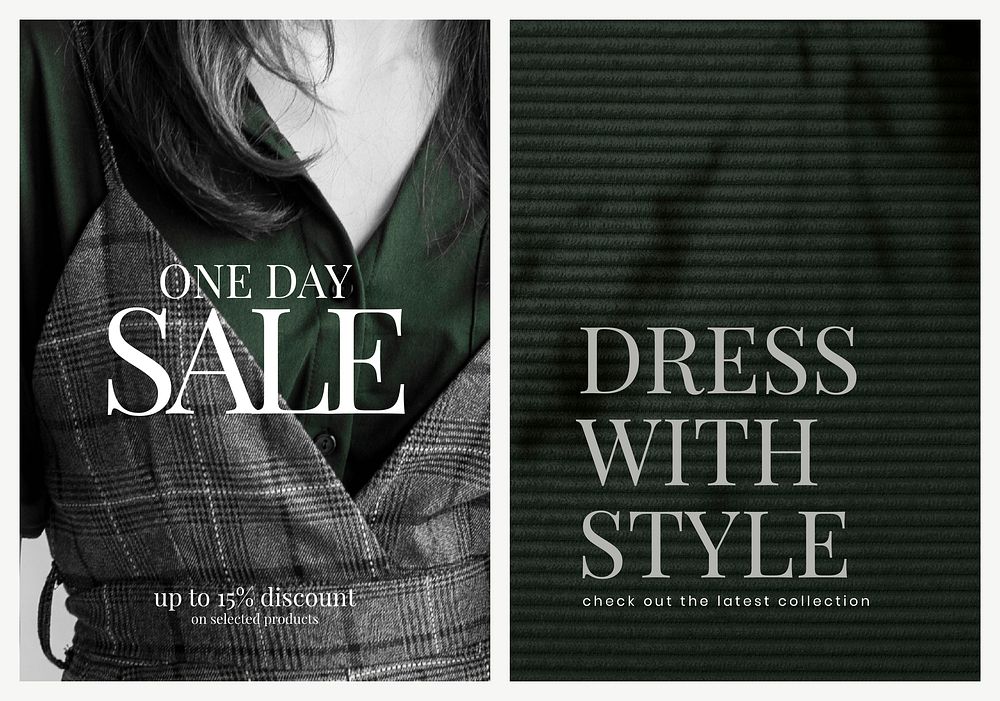 Unisex fashion sale template vector poster set in green and dark tone