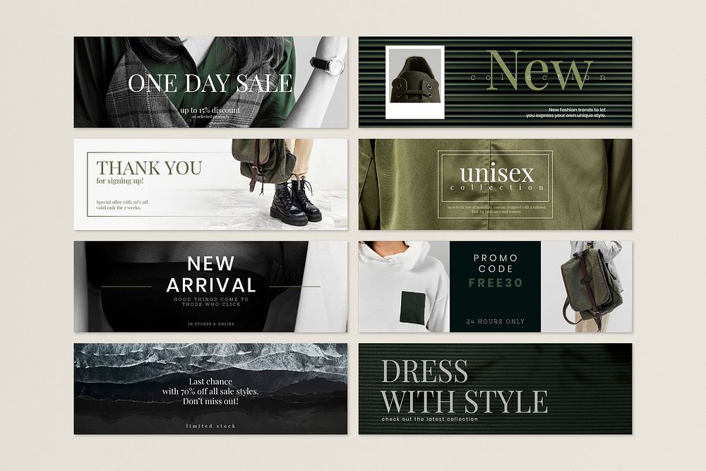 Unisex fashion sale template vector set in green and dark tone