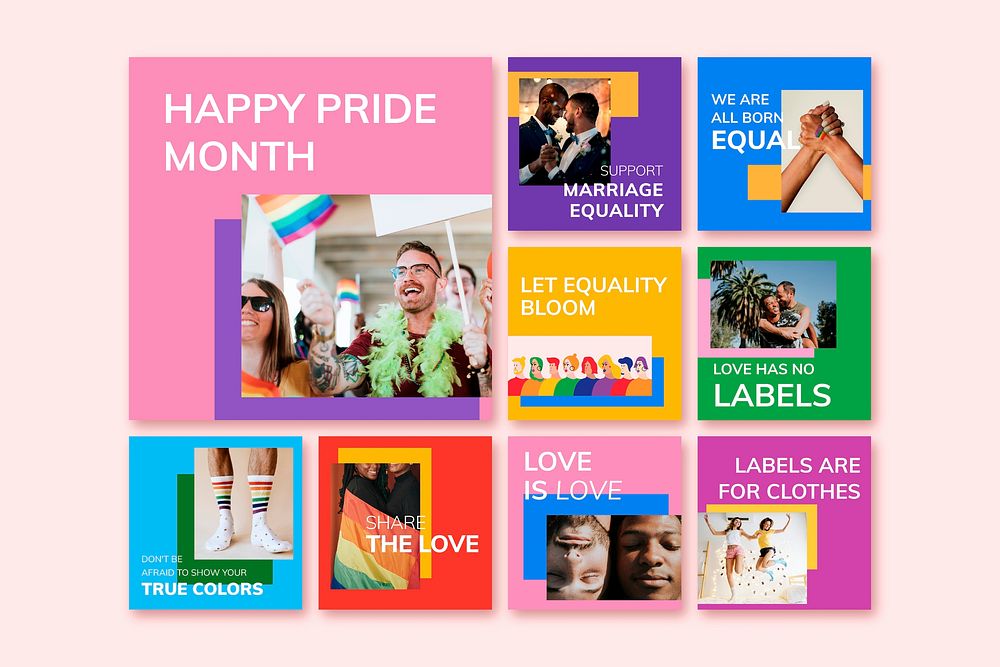 Pride month celebration template vector LGBTQ+ rights support social media post collection