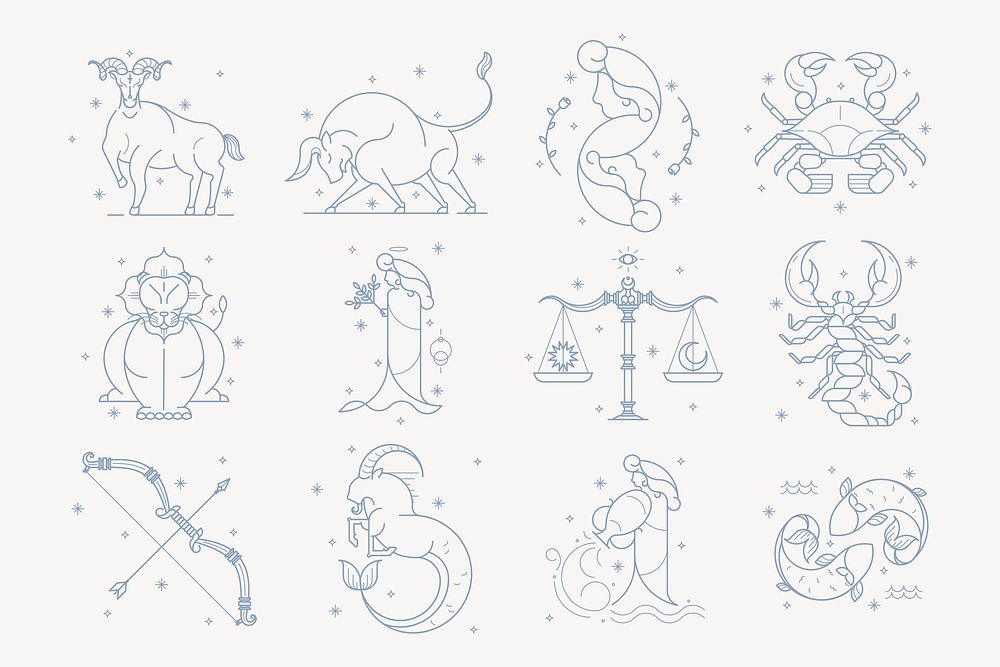 Astrological sign illustration, line art zodiac graphic vector set