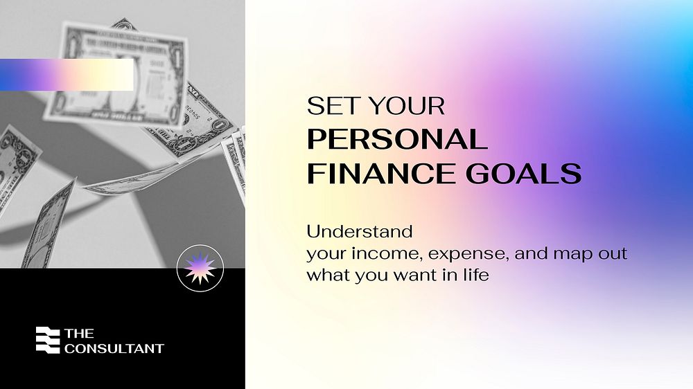 Finance goals blog banner template, business consulting, purple gradient design vector