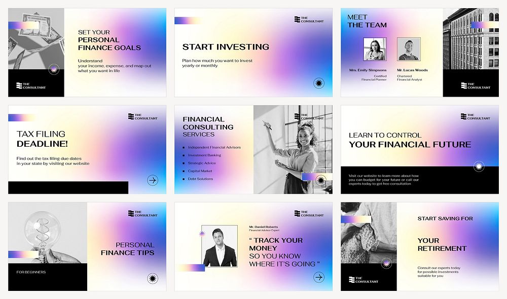 Tax consulting blog banner templates, financial advisor, purple gradient design set vector