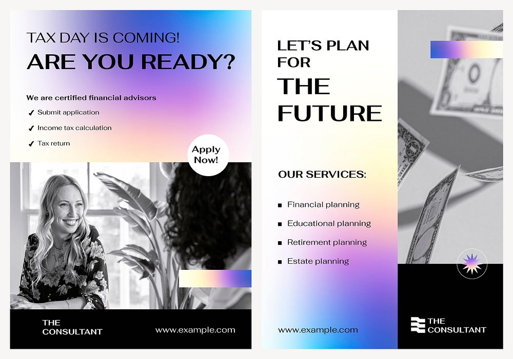 Financial consulting poster templates, tax advisor service, purple gradient design set psd